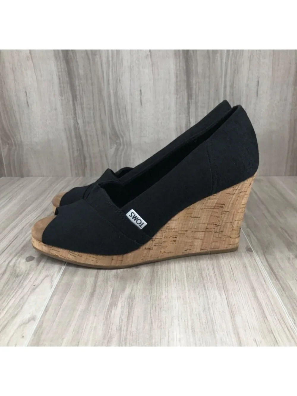 Toms Wedges Womens 8 Black Slip On Peep Toe Cork Wedge Shoes